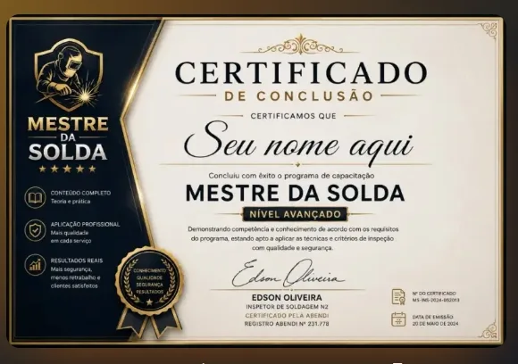 Certificado oficial de conclusão do App Mestre da Solda, assinado por Edson Oliveira