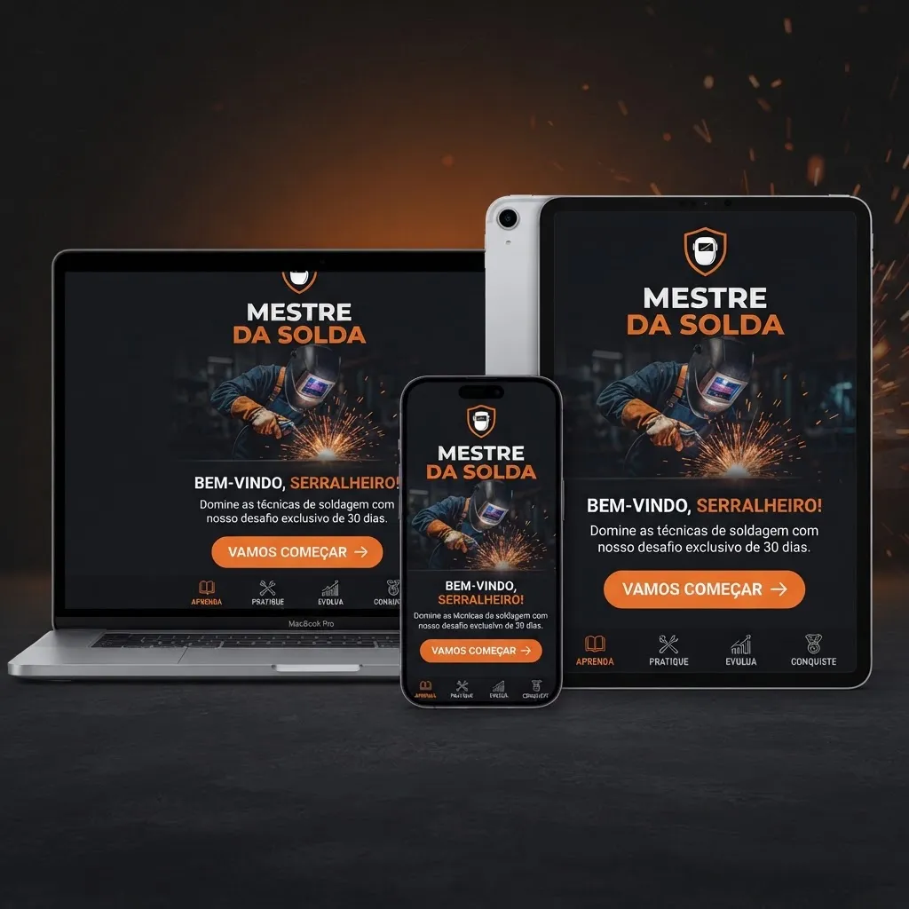 Aplicativo Mestre da Solda exibido em notebook, tablet e celular