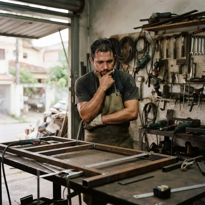 Soldador em dúvida olhando para uma estrutura de metal em construção
