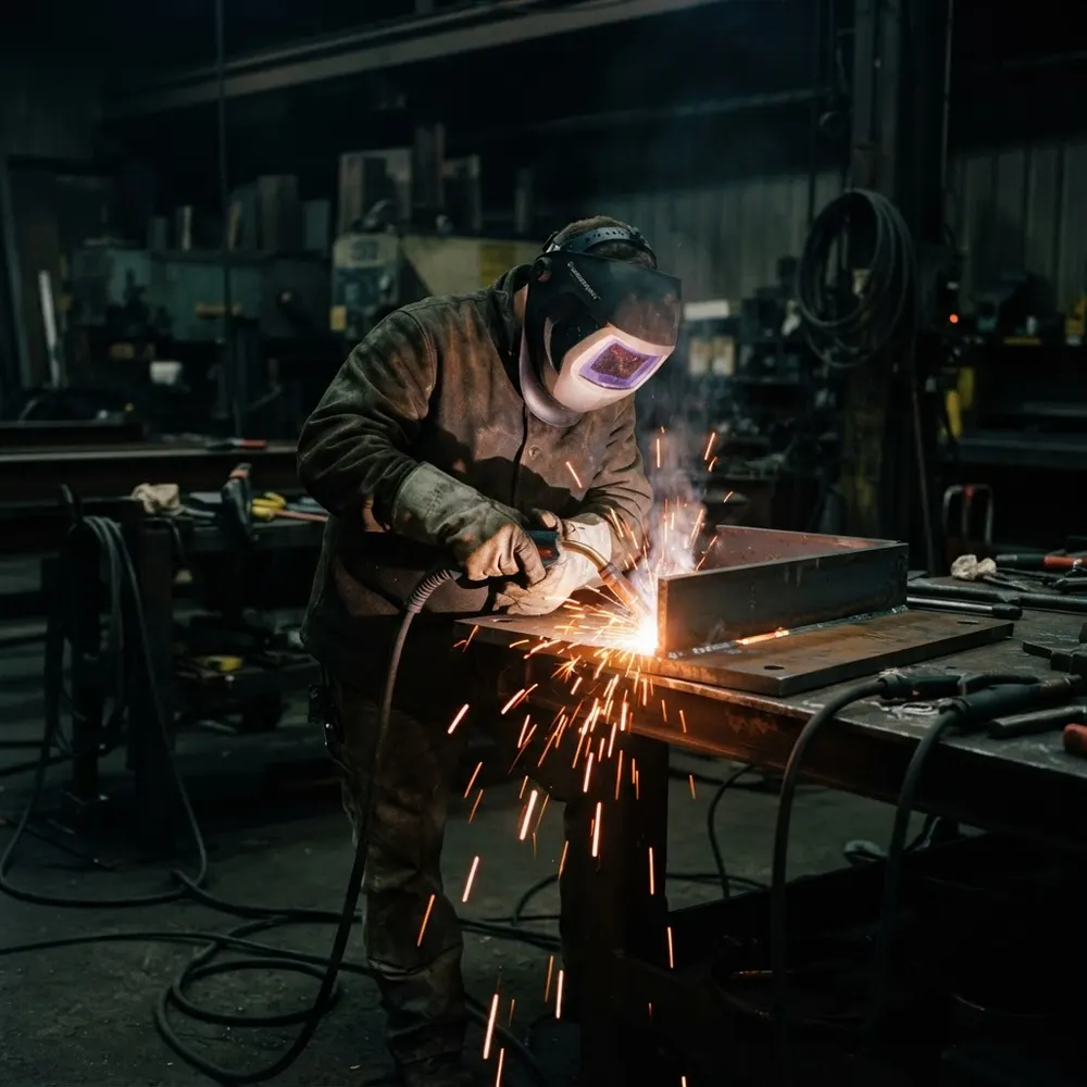 Soldador profissional trabalhando com faíscas de solda